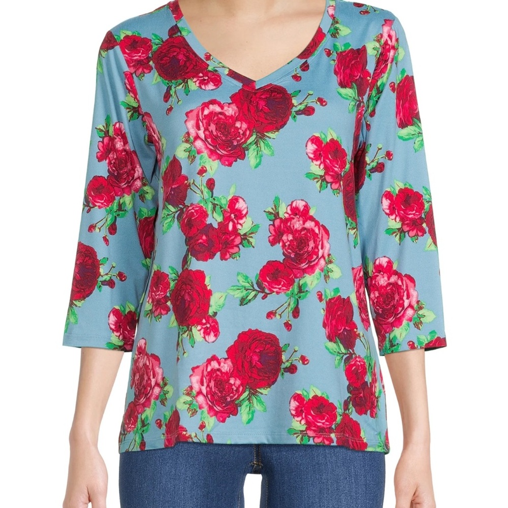 The Pioneer Woman Floral V-Neck Blouse - Red and Blue